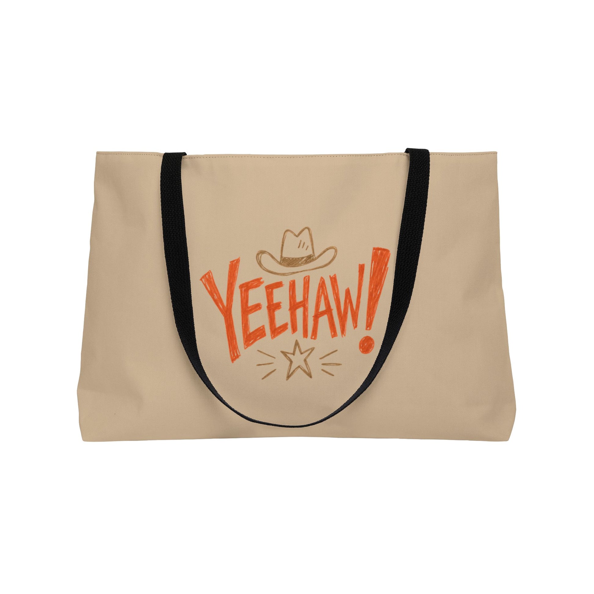 A beige canvas tote bag with black shoulder straps, featuring a retro-style orange 'YEEHAW!' graphic with a cowboy hat and star on the front, set against a plain white background.