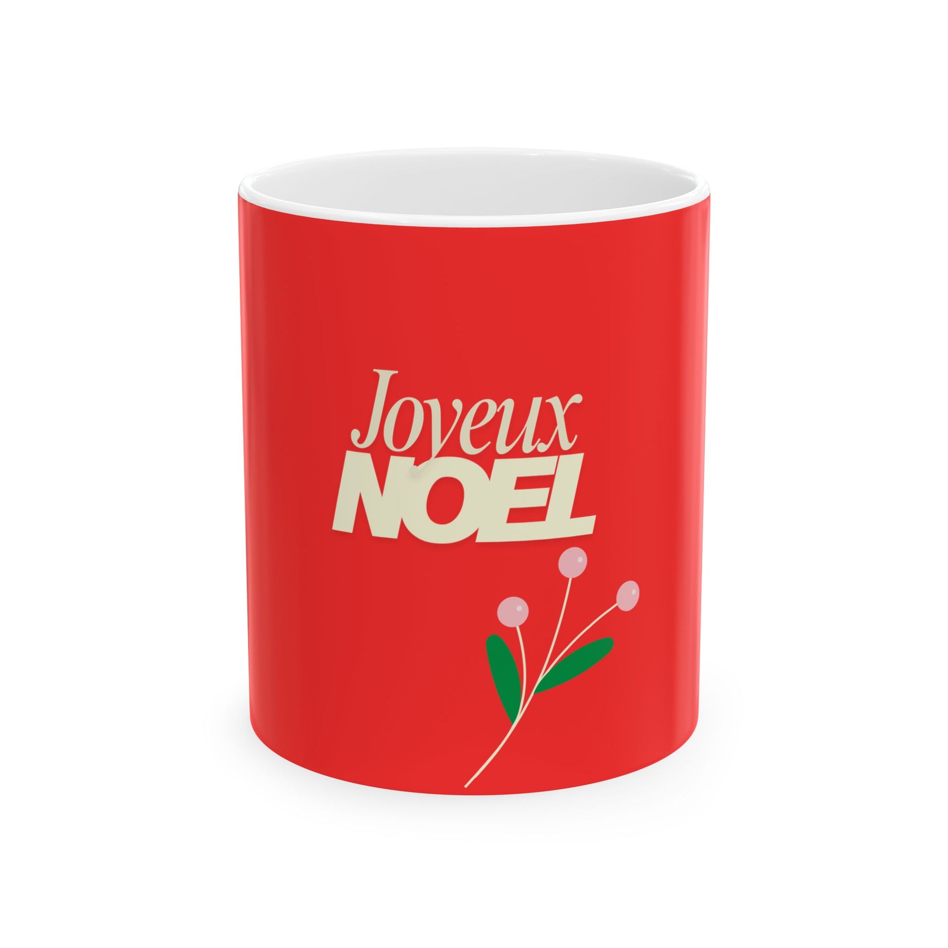 Red mug with 'Joyeux Noel' text on a white background