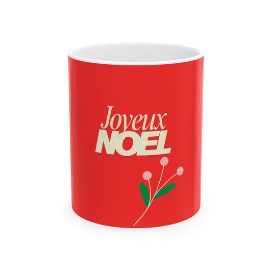Red mug with 'Joyeux Noel' text on a white background