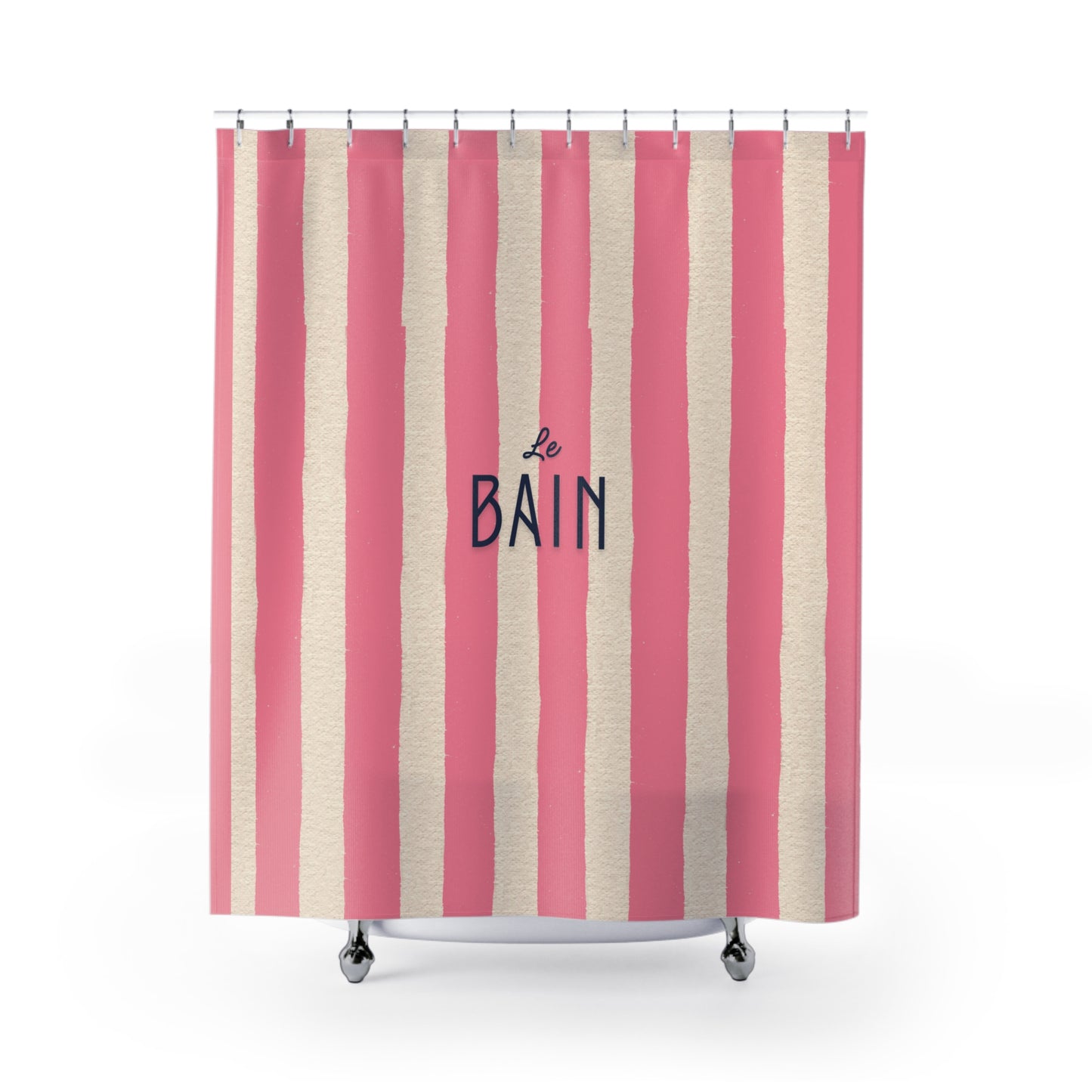 Striped shower curtain with pink and beige vertical stripes and 'Le Bain' text.