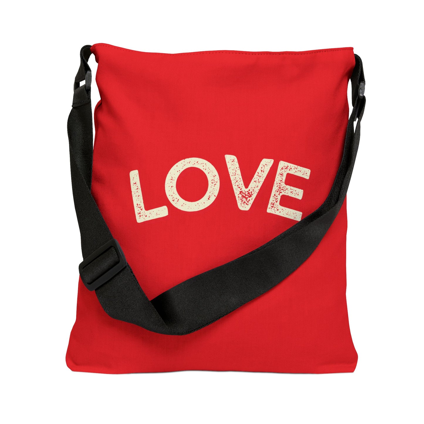 Red bag with 'LOVE' printed on it and a black strap on a white background