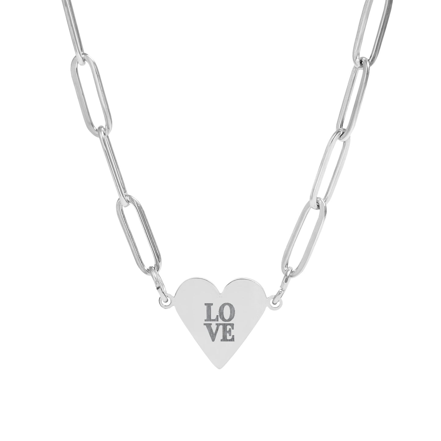 Silver necklace with a heart-shaped pendant displaying 'LOVE' on a white background