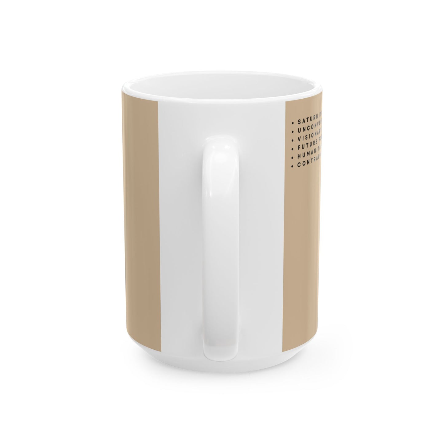 White mug with beige handle and text on a white background