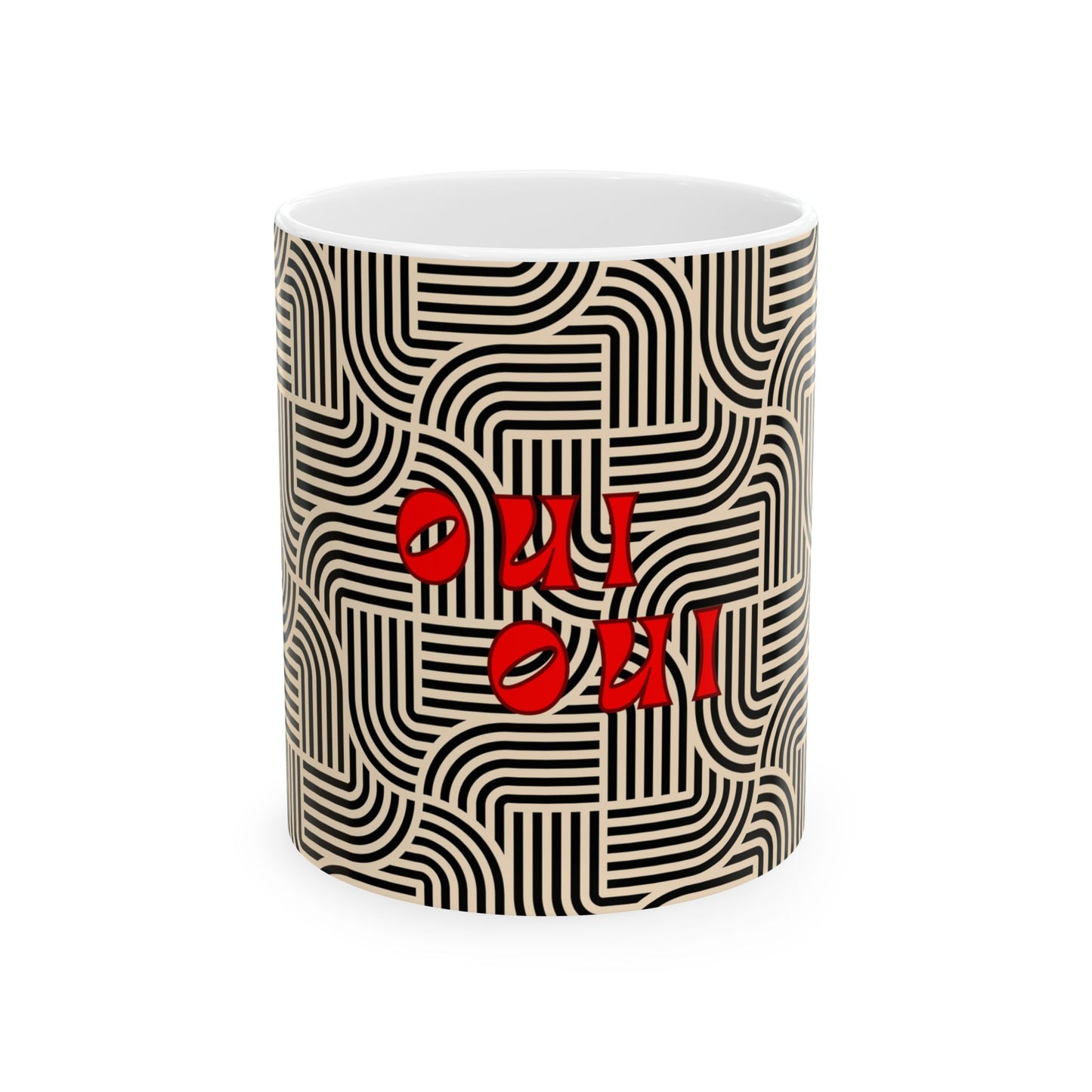 Ceramic mug with black wavy pattern and red text 'oui oui' on a white background