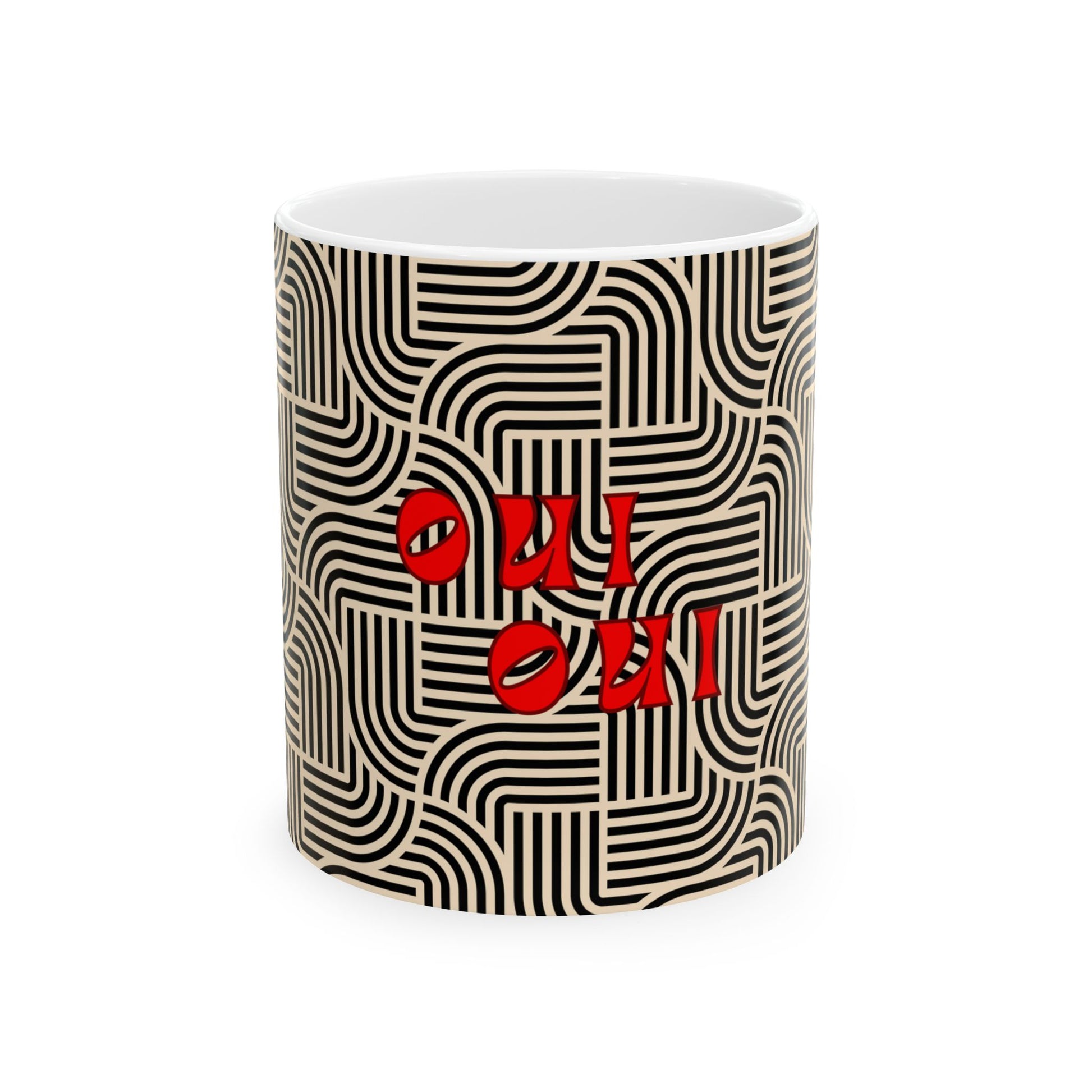 Ceramic mug with black wavy pattern and red text 'oui oui' on a white background