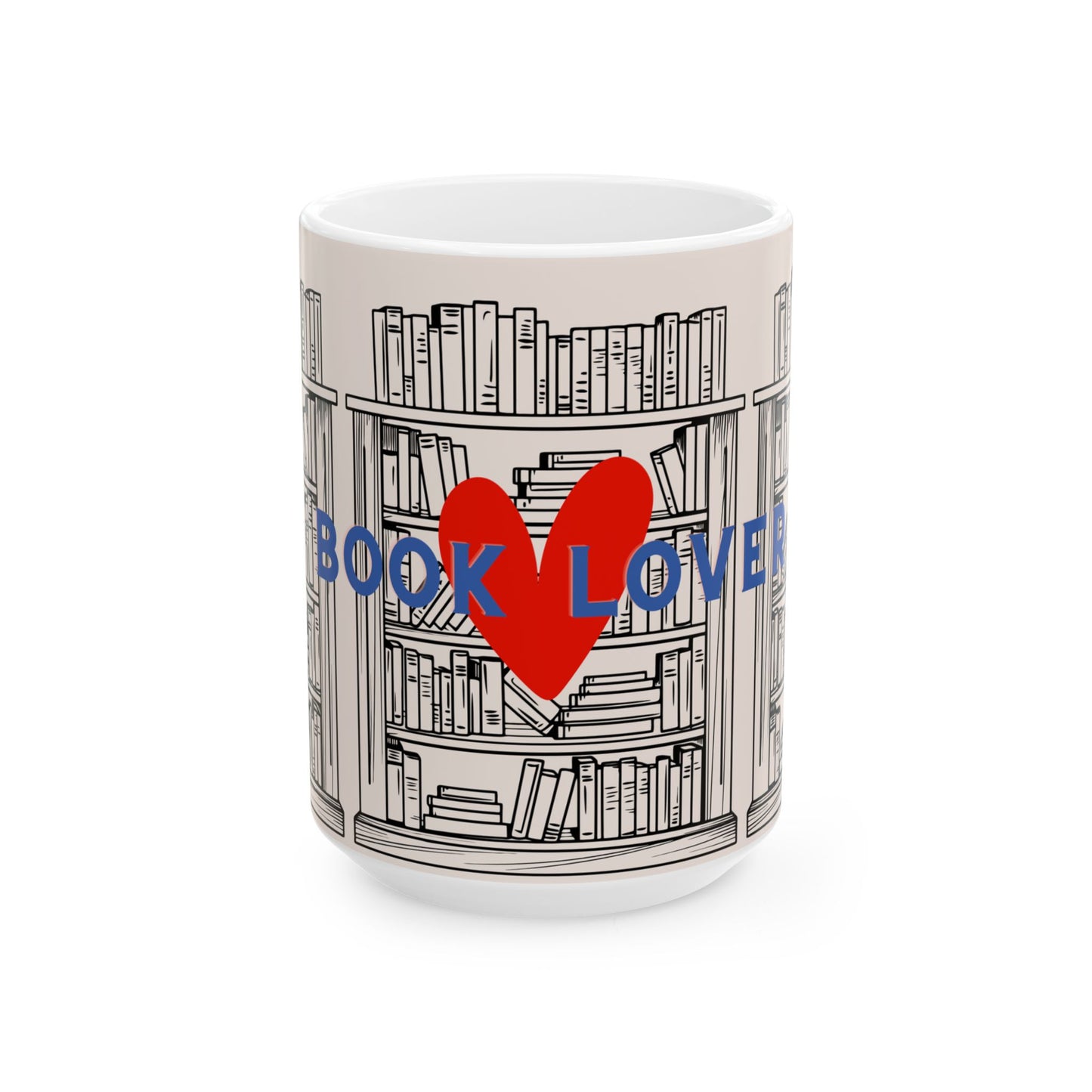 Mug with bookshelf design and 'Book Love' text on a white background