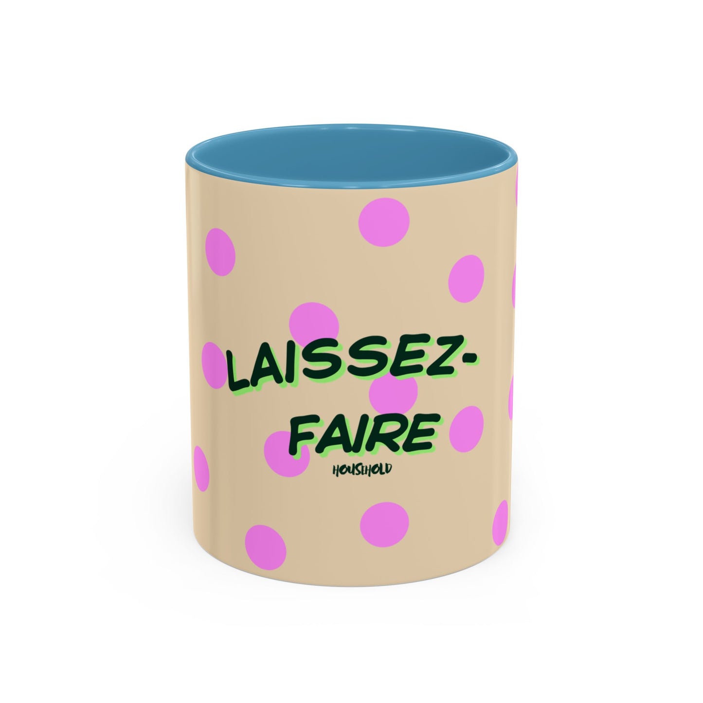 Mug with polka dots and text 'Laissez-Faire' on a beige background