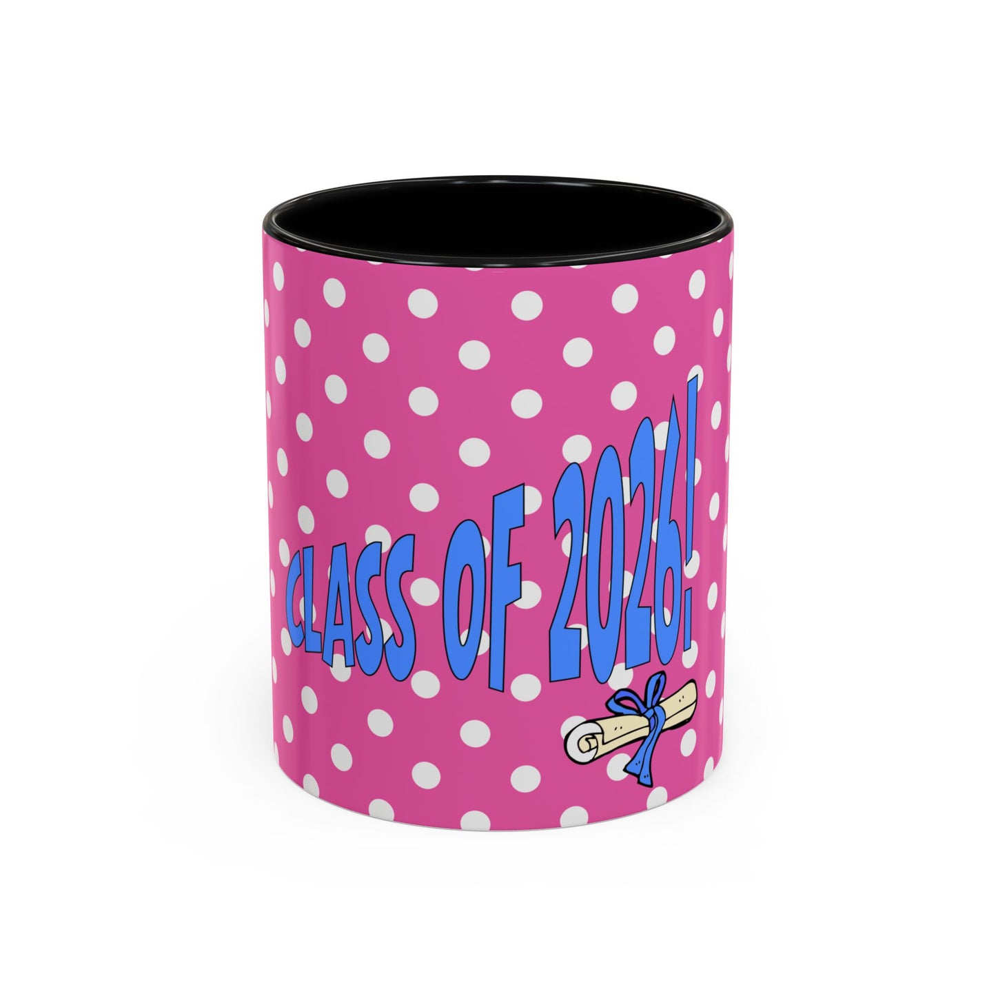 Pink polka dot mug with 'Class of 2023' text on a white background