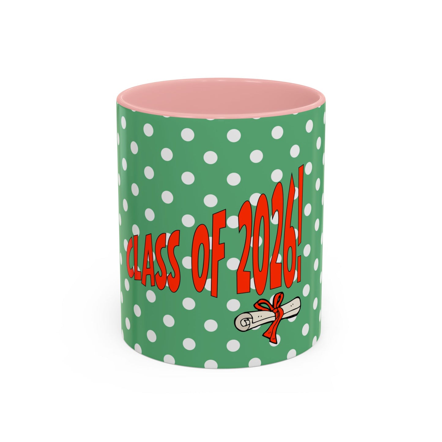 Green polka dot mug with 'Class of 2026!' text and graduation cap icon on a white background