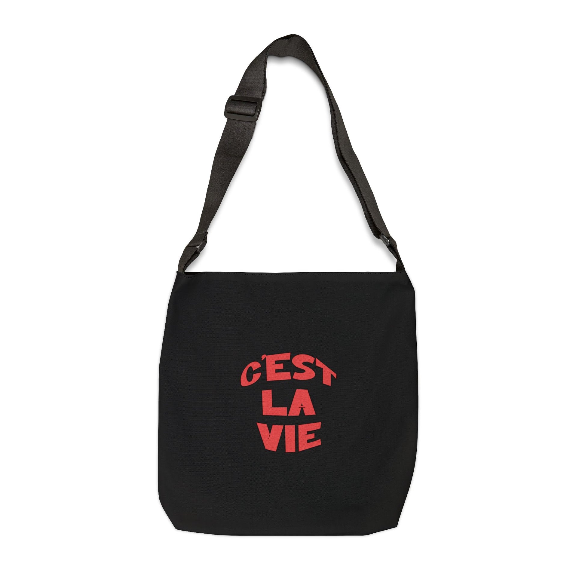 Black bag with red text 'C'EST LA VIE' on a white background