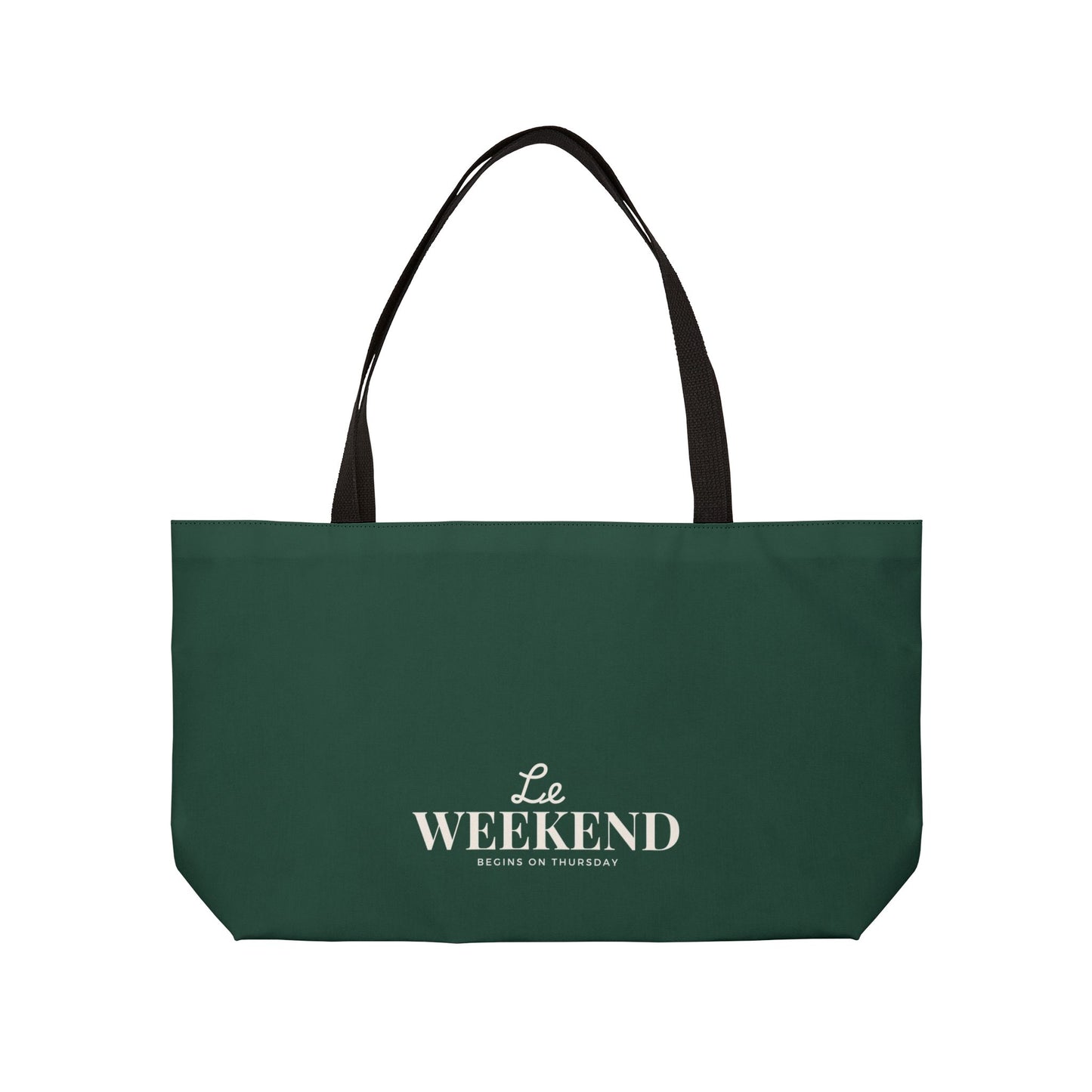 Green tote bag with 'Le Weekend Begins on Thursday' text on a white background