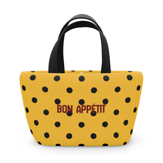 Yellow tote bag with black polka dots and 'Bon Appetit' text on a white background
