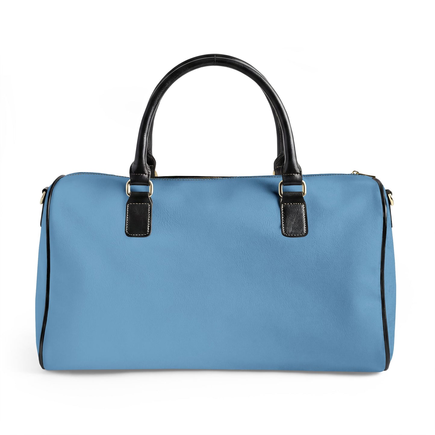 Blue duffel bag with black handles on a white background