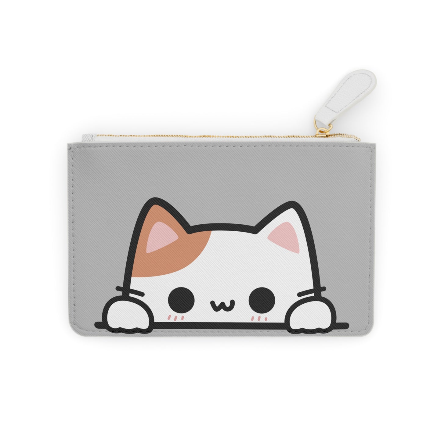 Gray pouch with a cat design on a white background