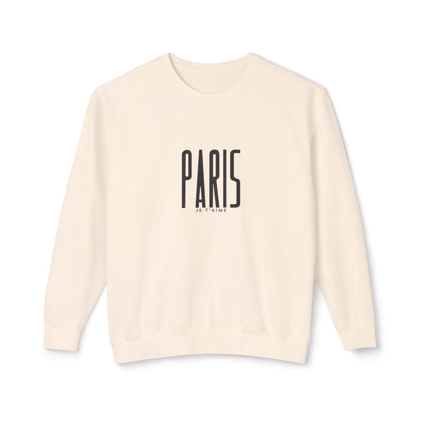 Beige sweatshirt with 'PARIS' text on a white background