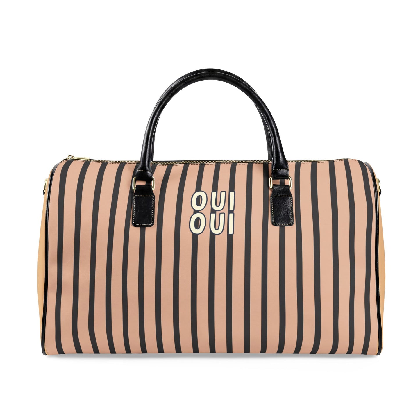 Striped duffel bag with 'Oui Oui' branding on a white background