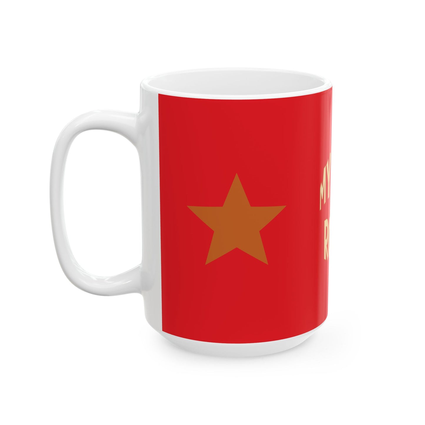 Mug with red background and yellow star on a white background