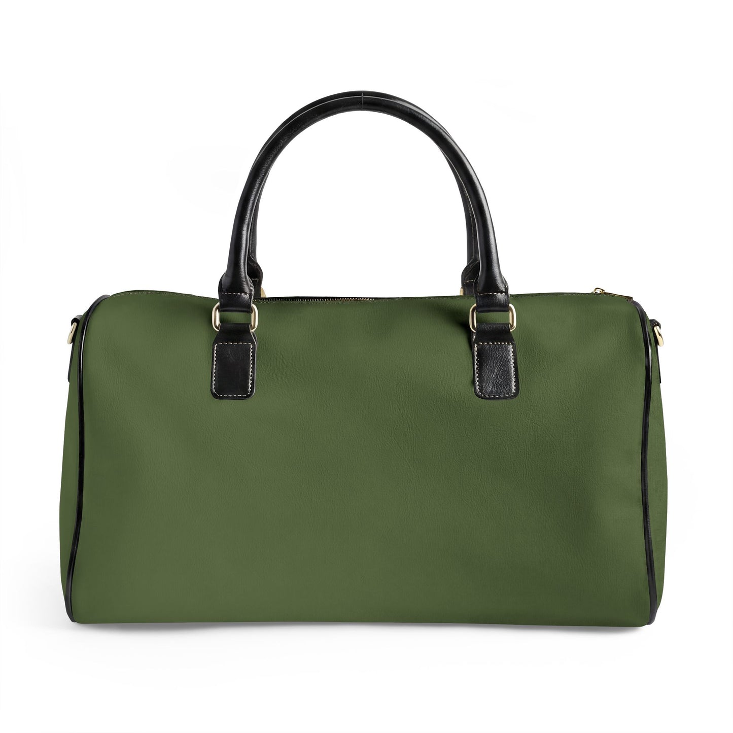 Green duffel bag with black handles on a white background