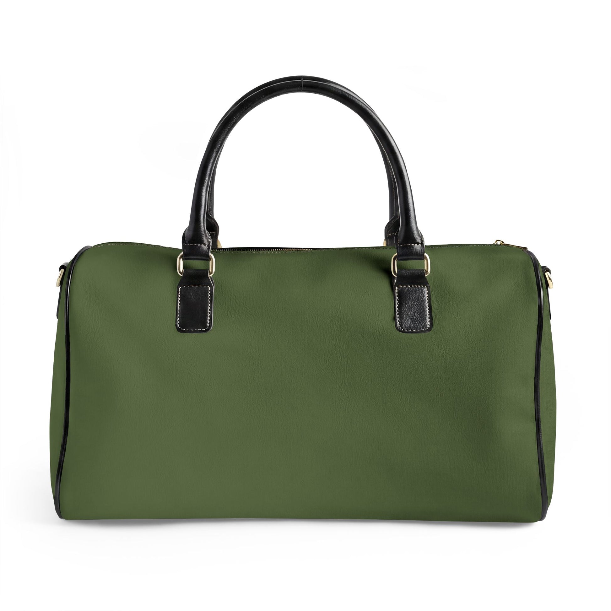 Green duffel bag with black handles on a white background