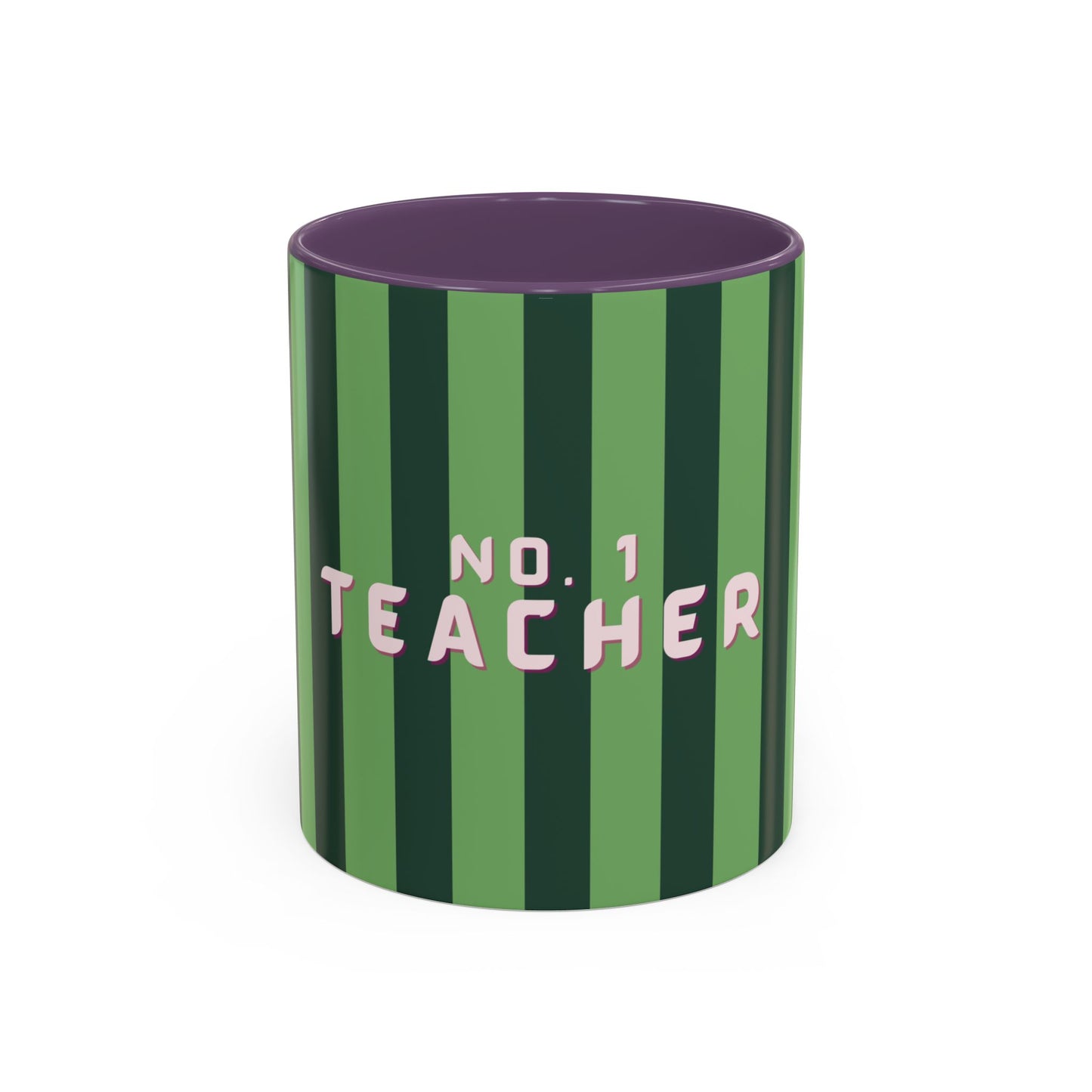 Green and purple striped mug with 'No. 1 Teacher' text on a white background