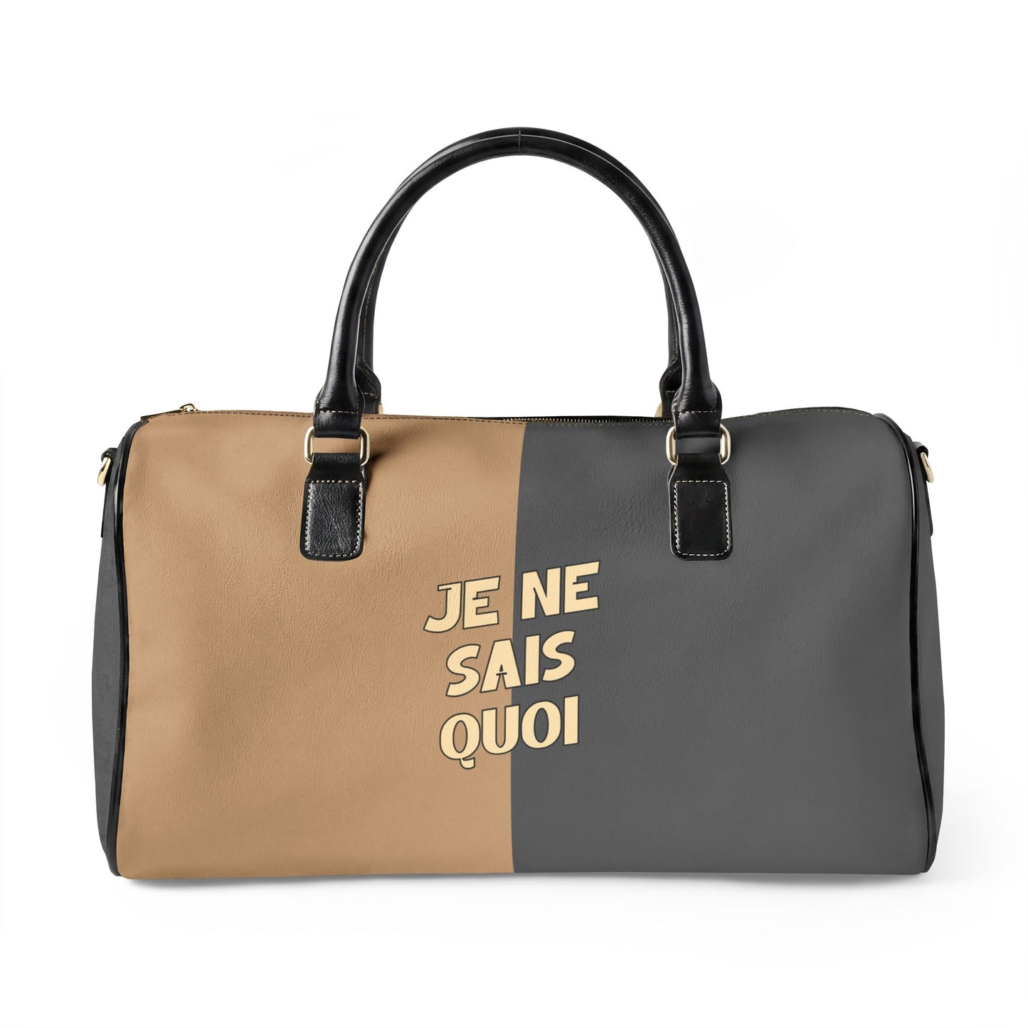 Two-toned duffel bag with 'Je Ne Sais Quoi' text on a white background