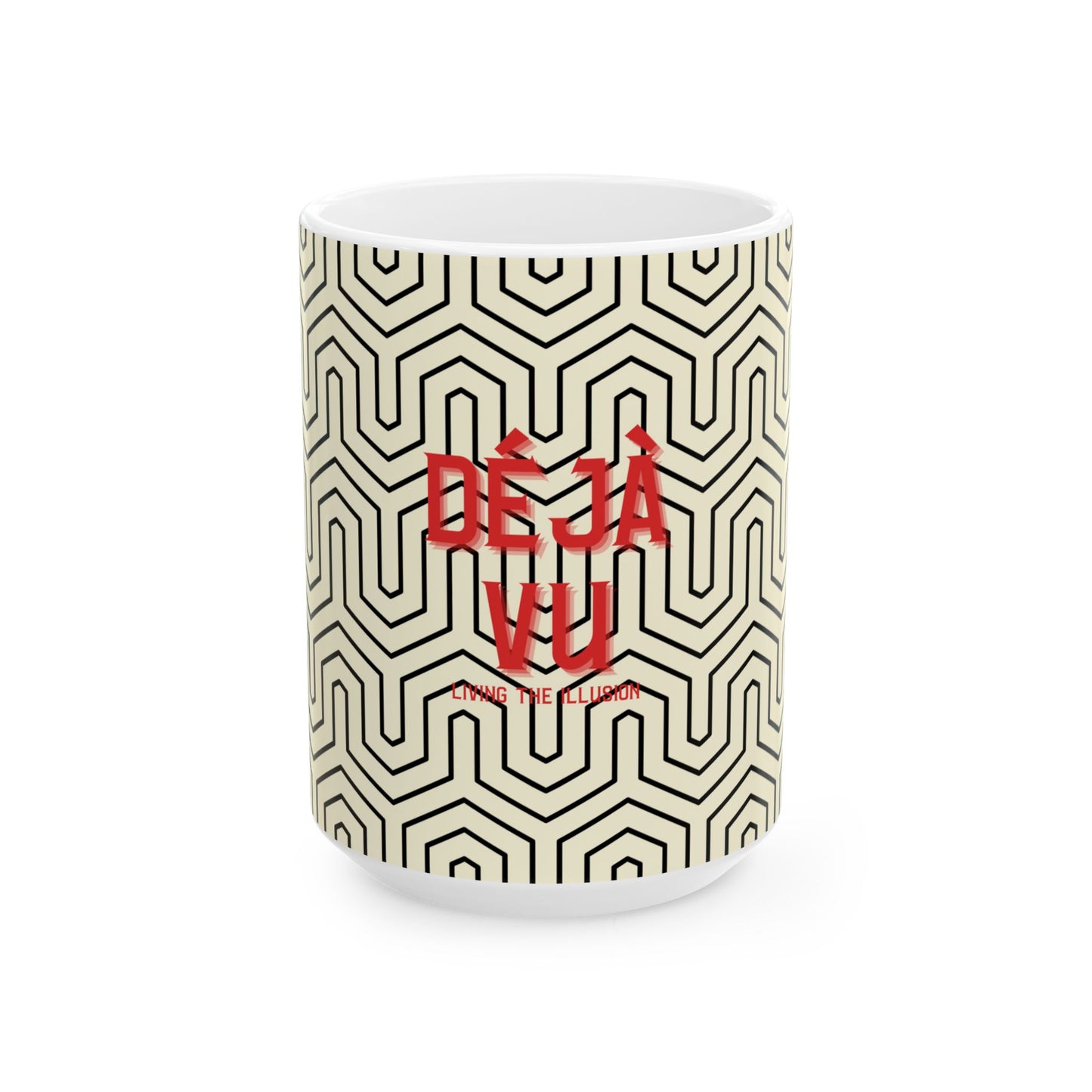 Coffee mug with geometric pattern and red text on a white background