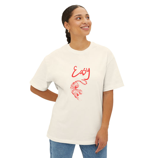 Woman wearing a white EASY TIGER t-shirt with red text and graphics on a white background