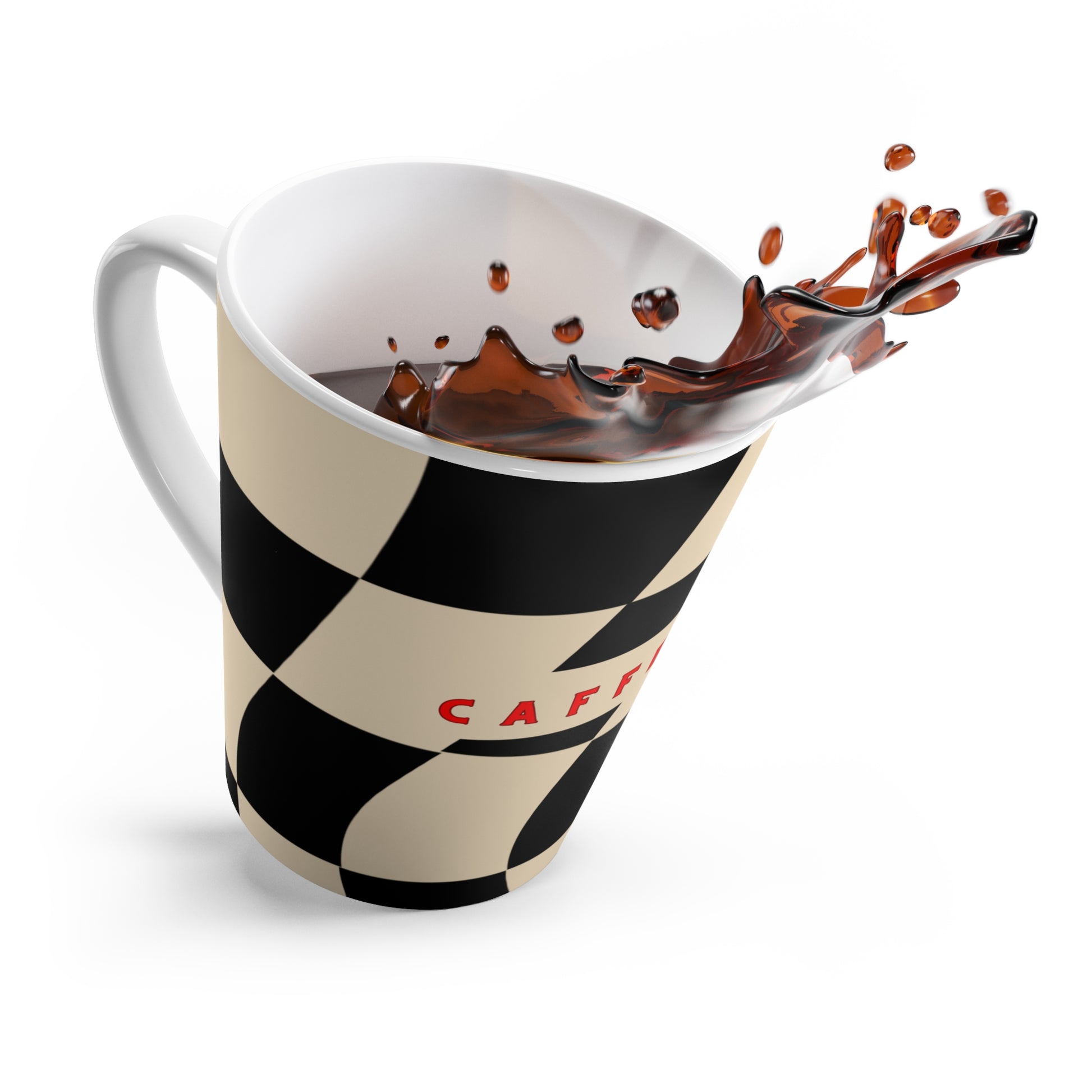 Checkered coffee cup with splashing coffee on a white background