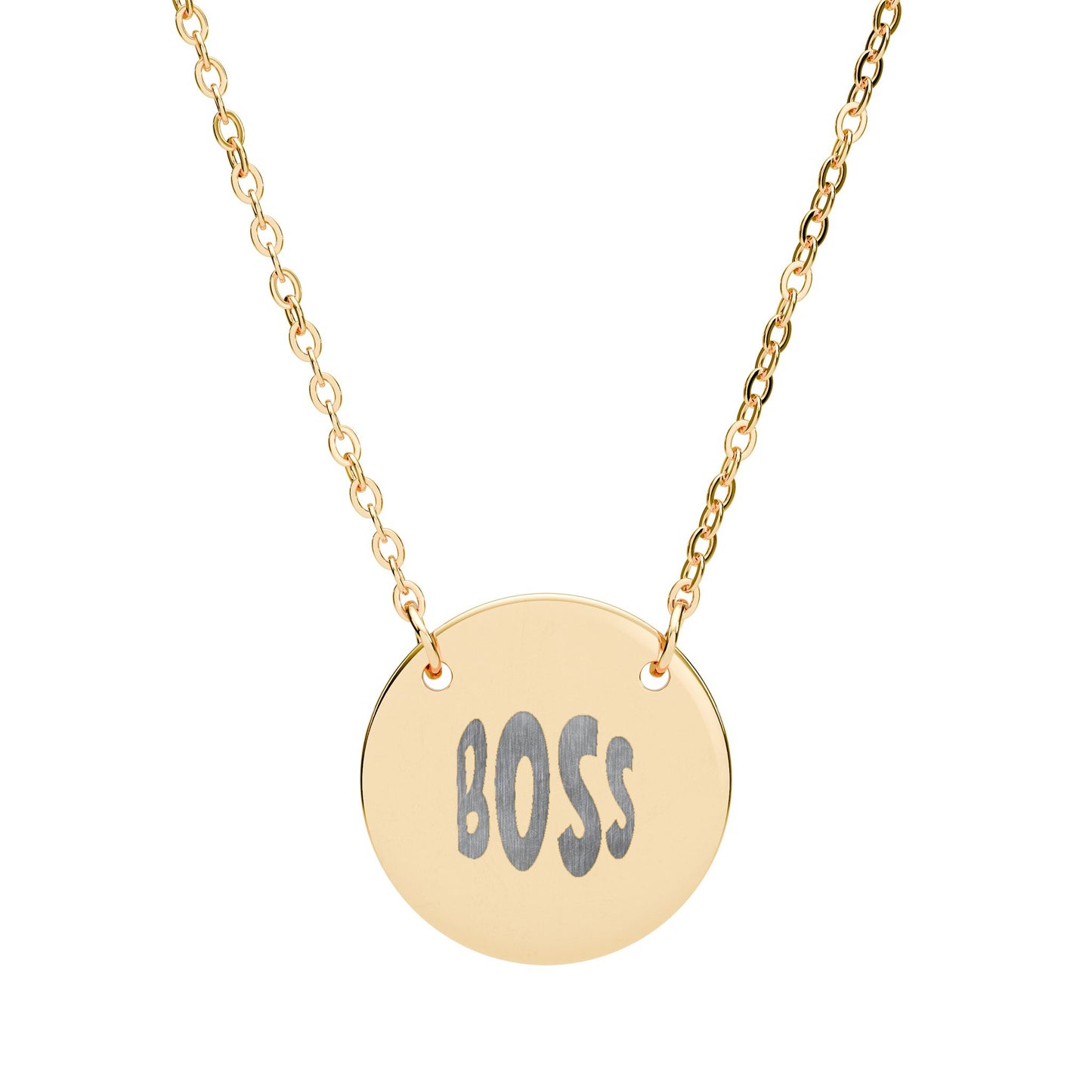Gold necklace with a round pendant displaying the word 'BOSS'.