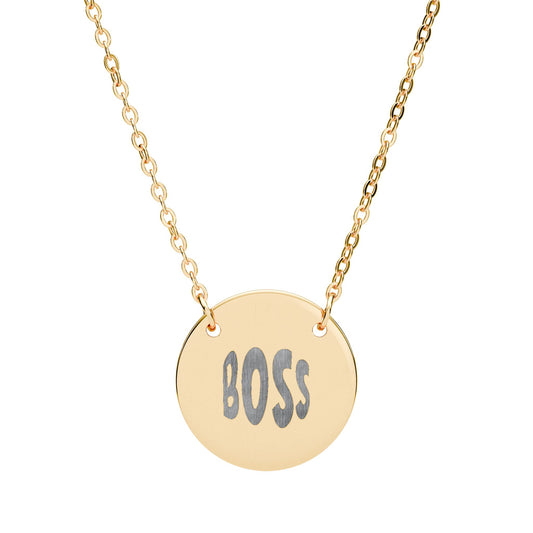 Gold necklace with a round pendant displaying the word 'BOSS'.