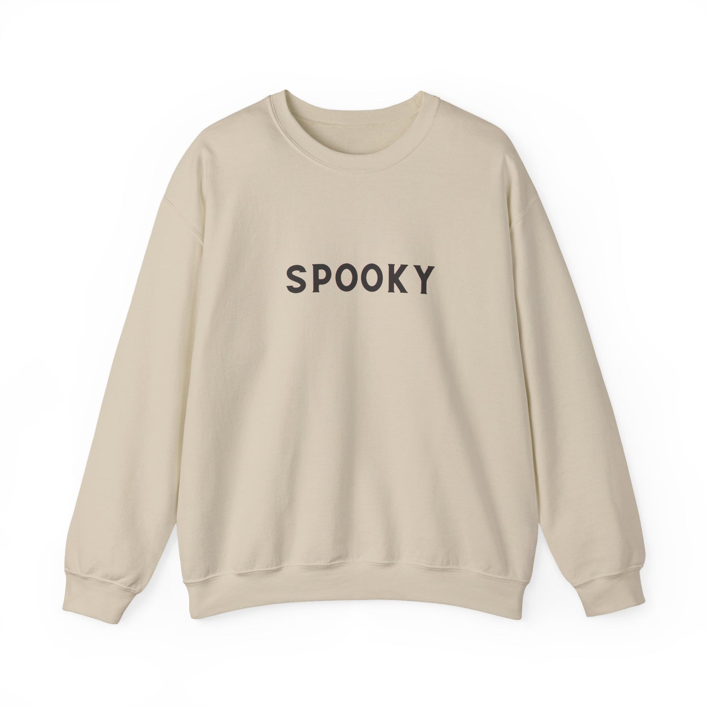 Beige sweatshirt with 'SPOOKY' text on a white background