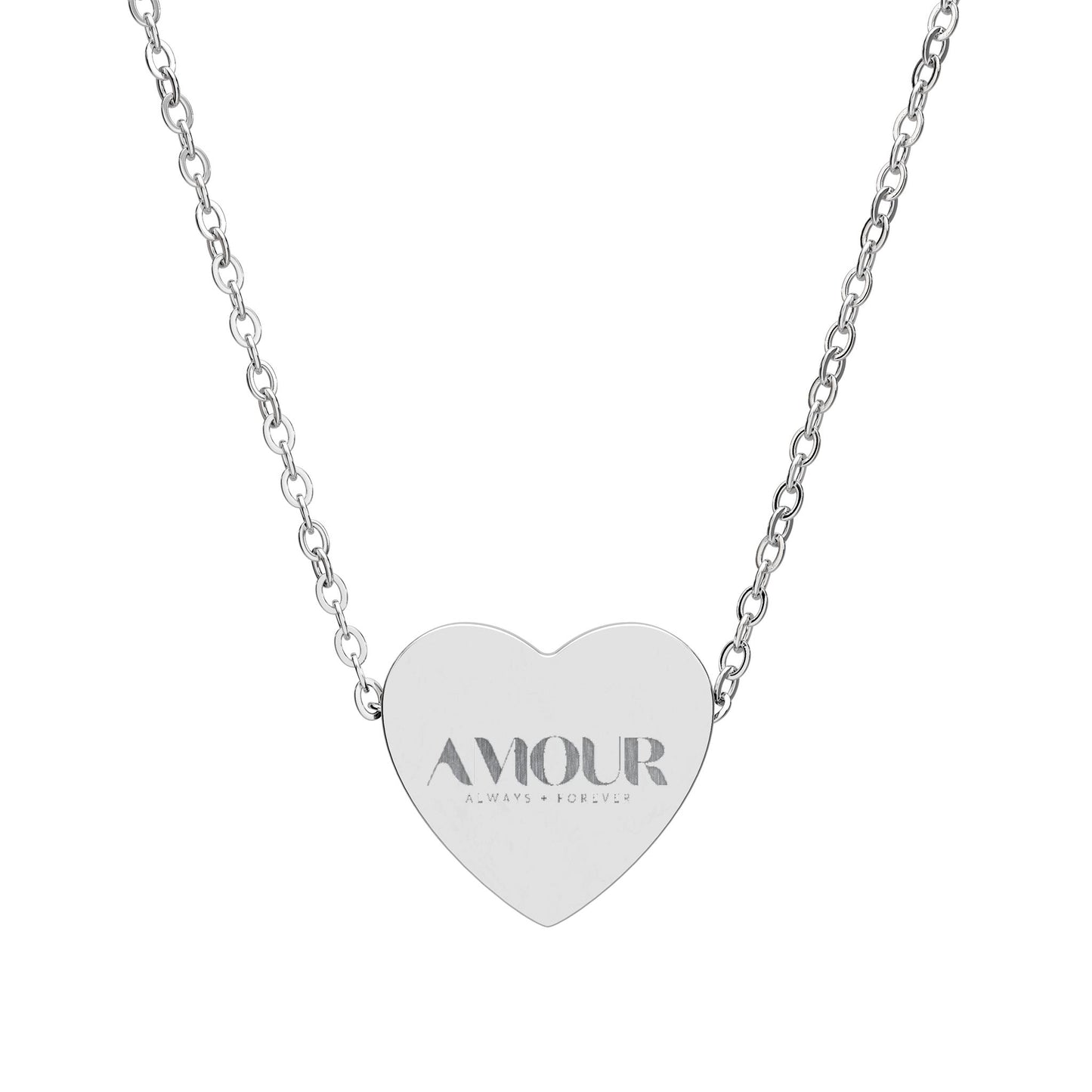 Heart-shaped necklace with 'AMOUR' and a maple leaf on a white background