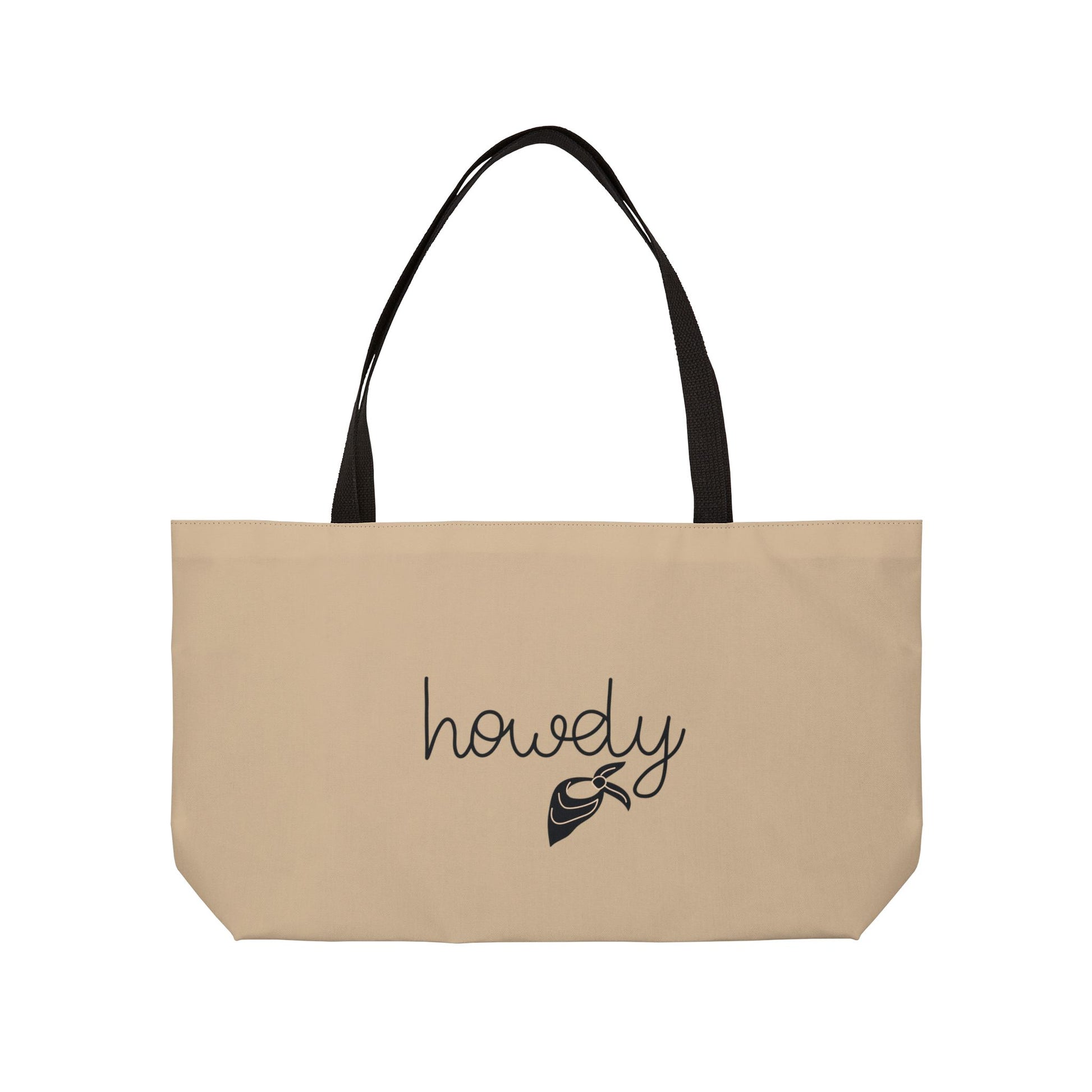 Beige tote bag with 'howdy' and a logo on a white background