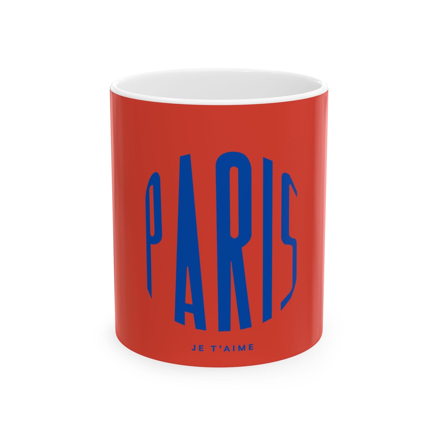 Red mug with blue 'PARIS' text and white interior on a white background