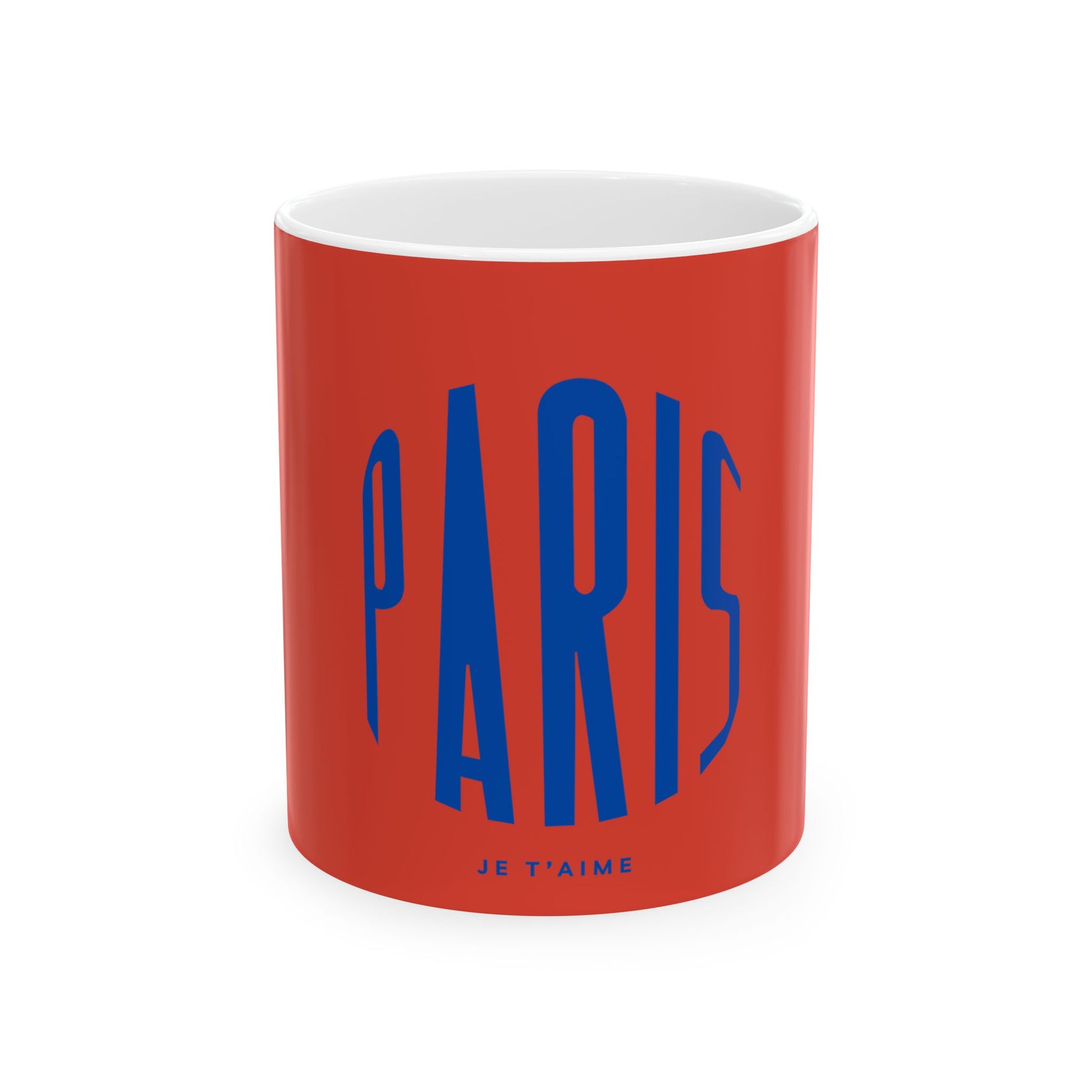Red mug with blue 'PARIS' text and white interior on a white background