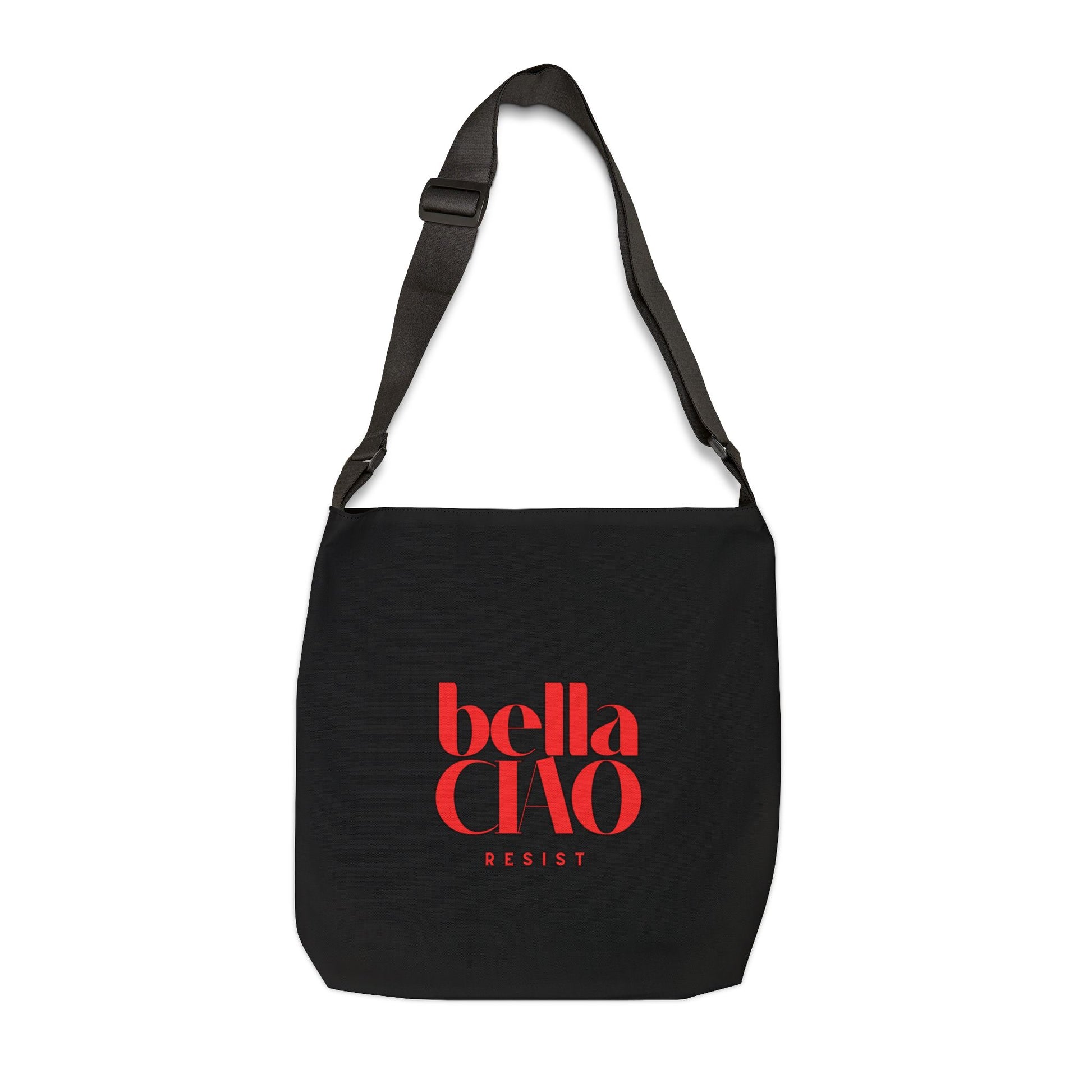 Black bag with red 'bella CHAO RESIST' text on a white background