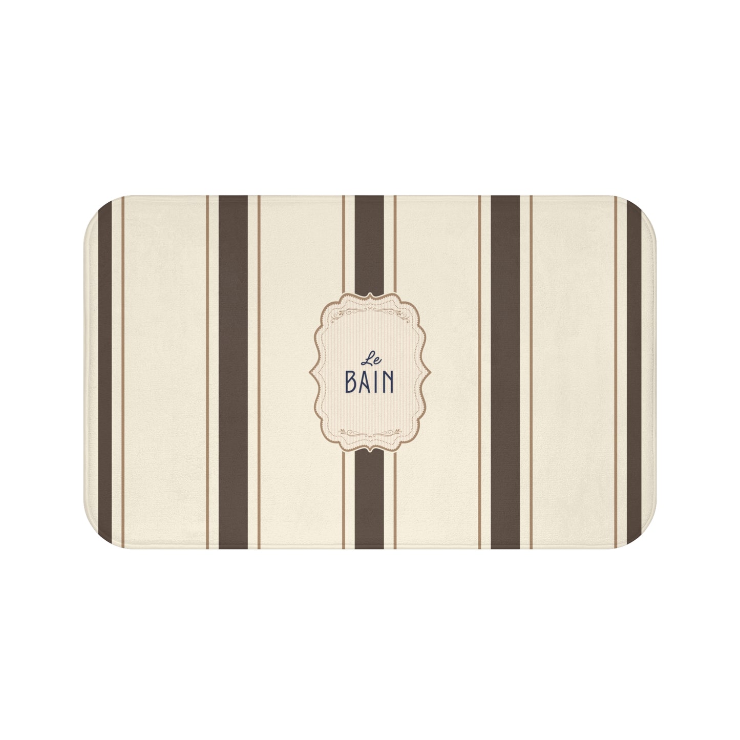 Striped bath mat with 'Le Bain' text on a white background