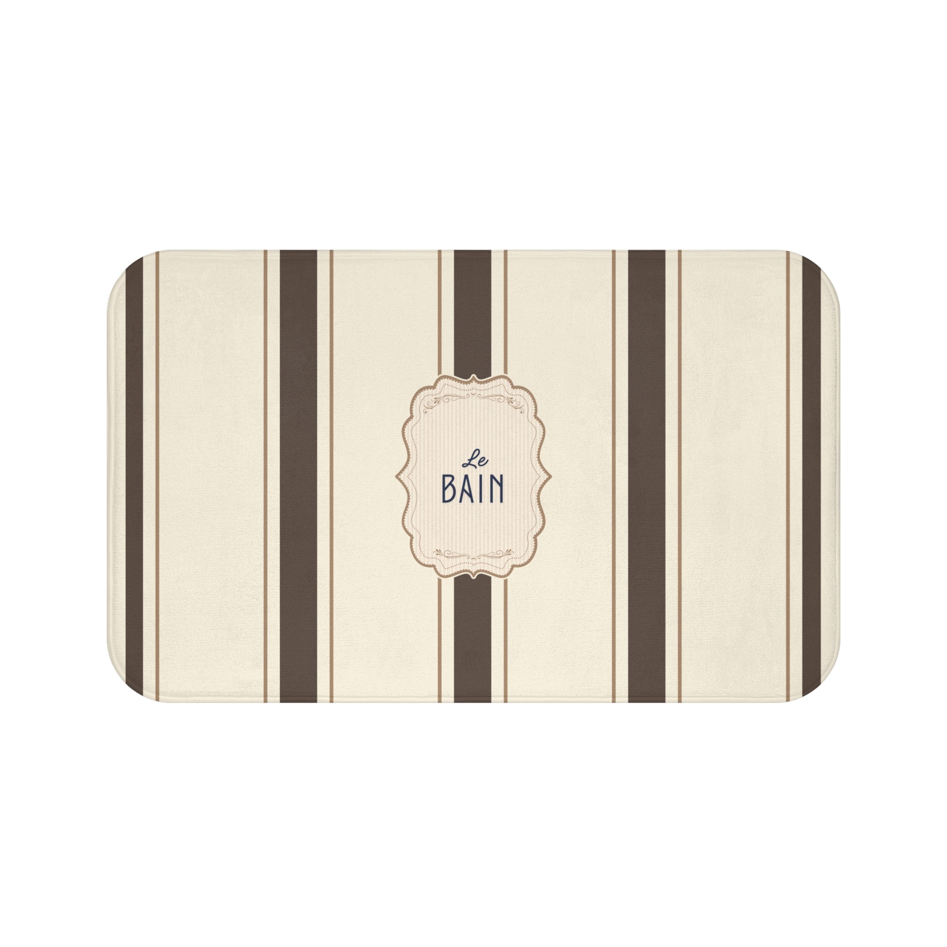 Striped bath mat with 'Le Bain' text on a white background