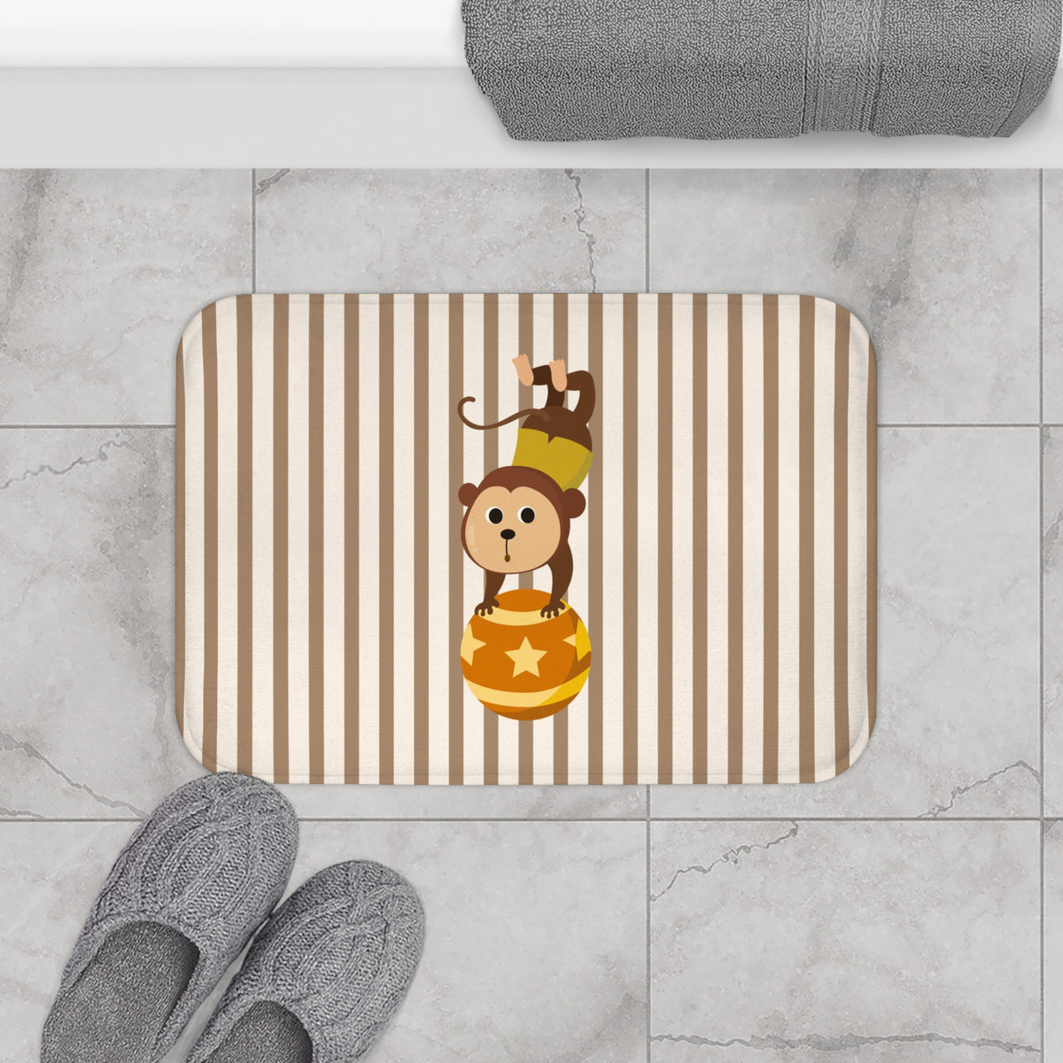 Circus Monkey Bath Mat with Striped Nursery Design