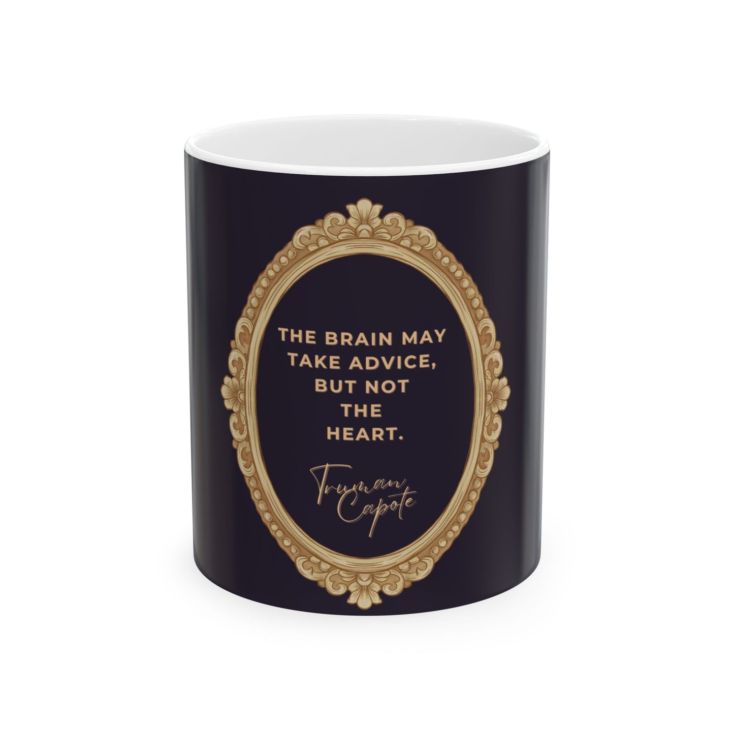Navy mug with gold decorative frame and white interior, featuring a quote by Truman Capote.