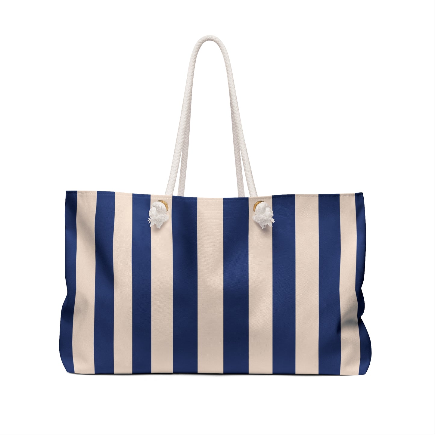 Navy and beige striped tote bag with rope handles on a white background