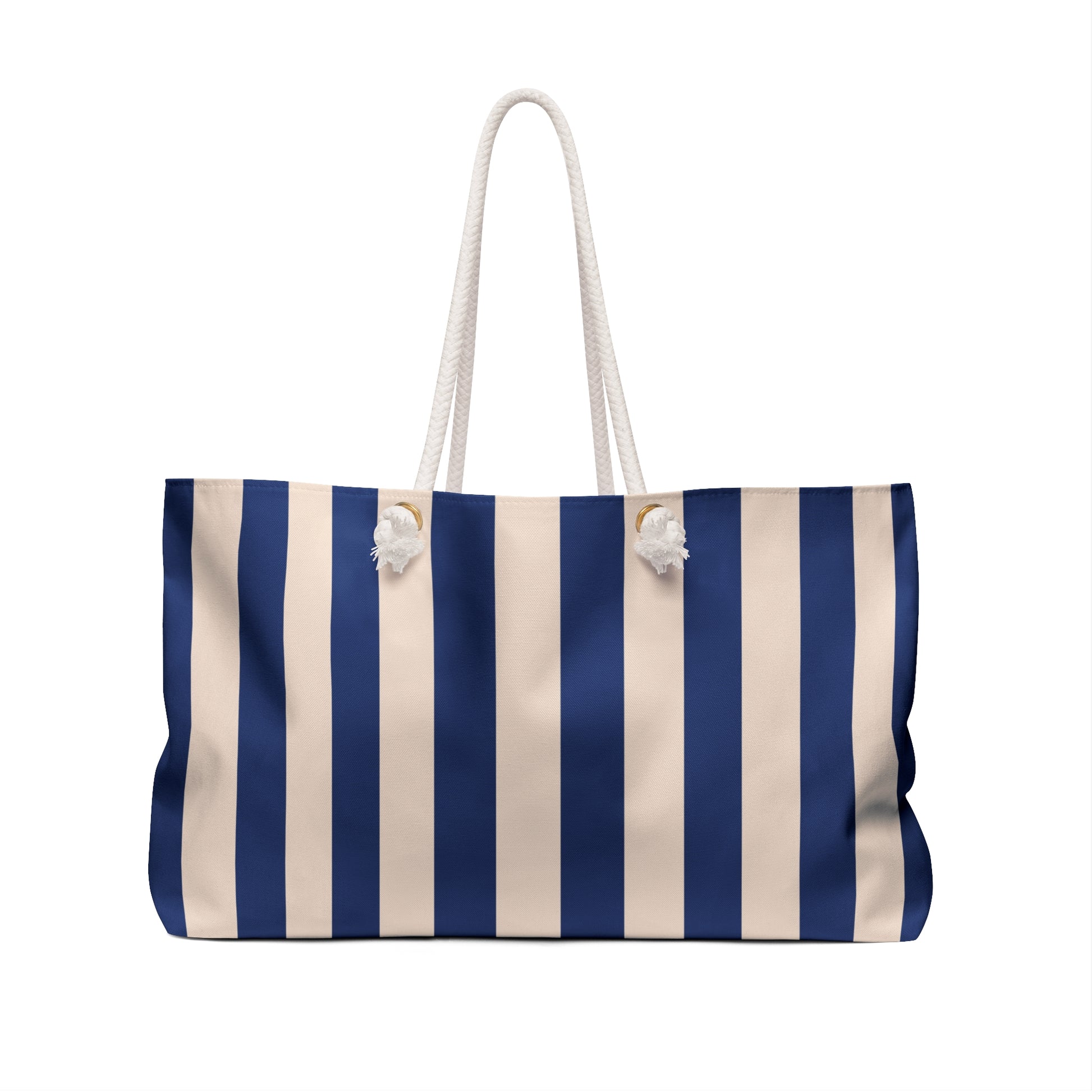 Navy and beige striped tote bag with rope handles on a white background