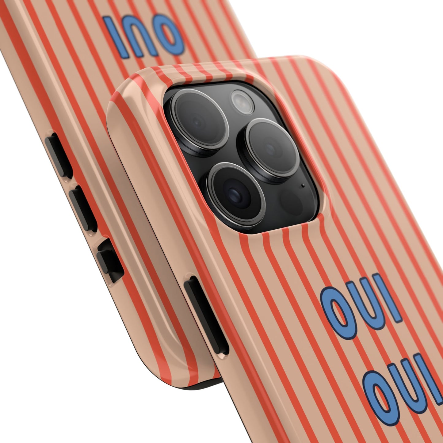 Phone case with red and white striped pattern and 'OUI' text on a white background