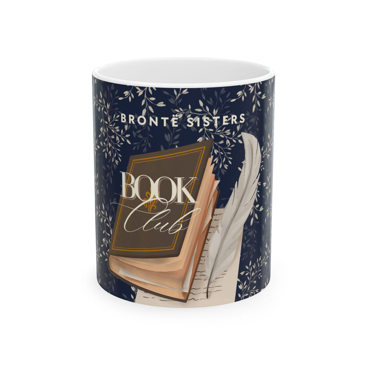 A white ceramic mug featuring a navy blue and white botanical pattern wrap, printed with the text 'BRONTE SISTERS' and an illustration of a book club with an open book, closed book, and feather quill.