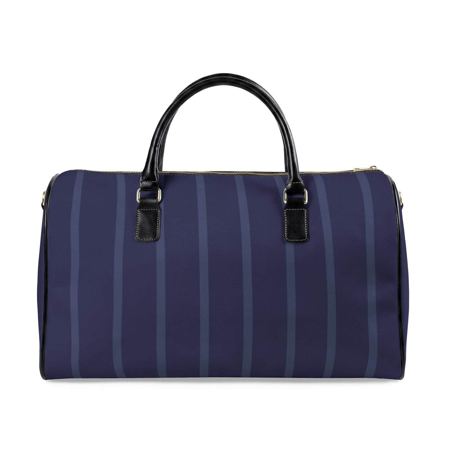 Navy blue duffel bag with black handles and straps on a white background