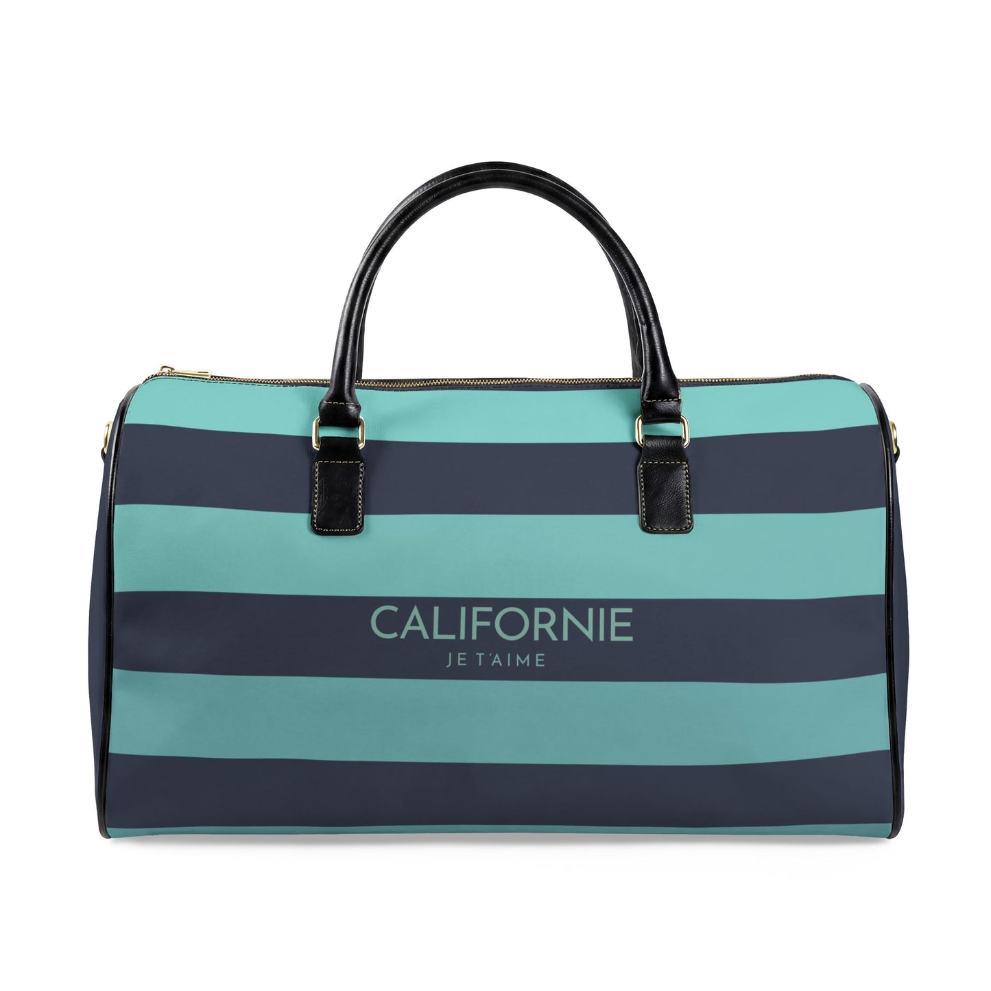 Striped duffel bag with 'Californie Je T'aime' text on a white background