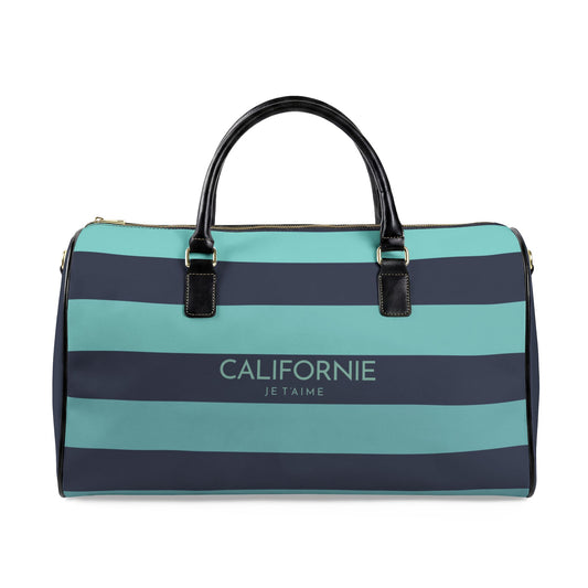 Striped duffel bag with 'Californie Je T'aime' text on a white background