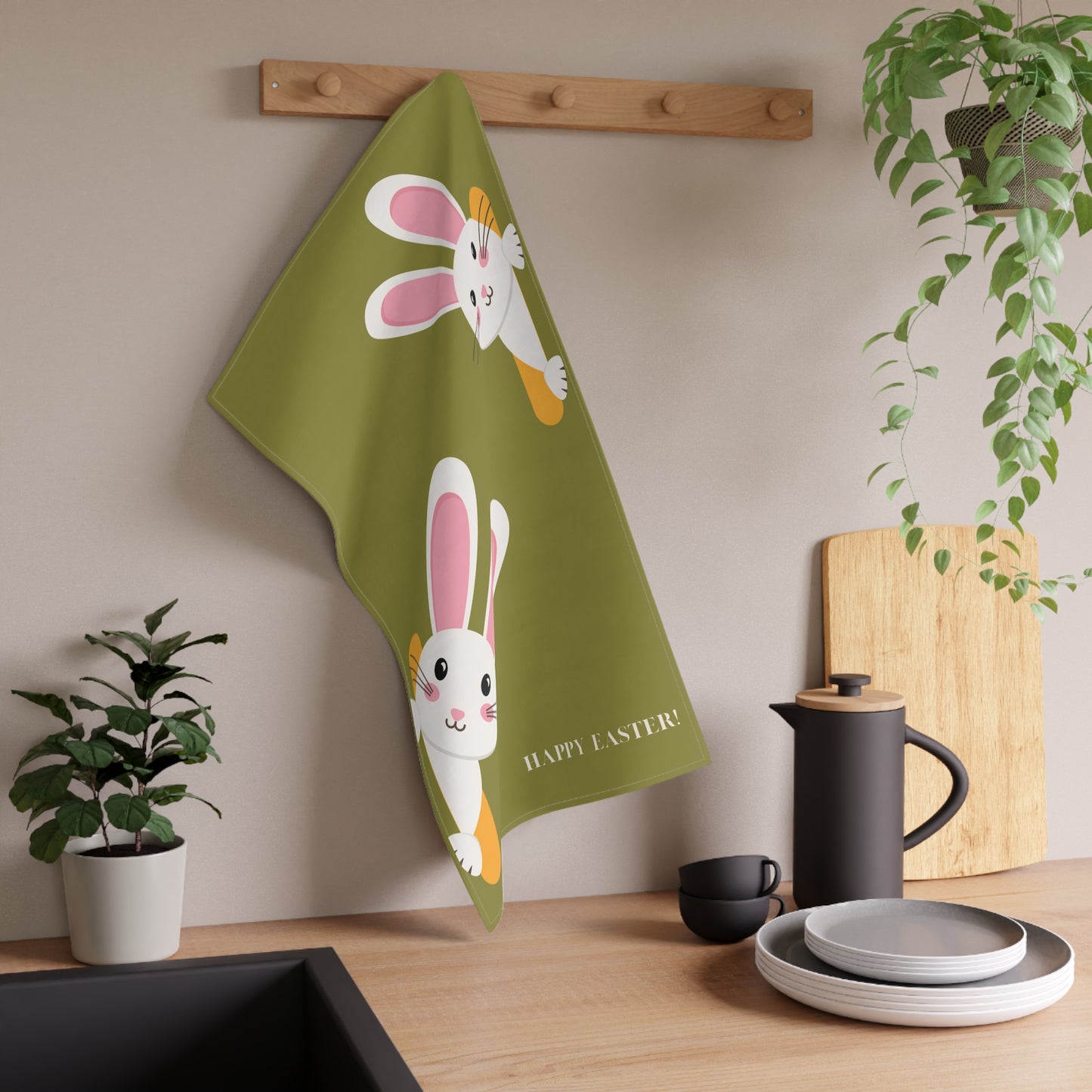 Easter Bunny Peek Cotton Tea Towel - "Happy Easter!" Kitchen Towel