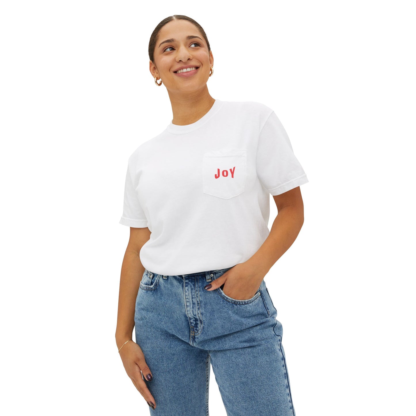 Person wearing a white t-shirt with 'JOY' printed in red and blue jeans on a white background