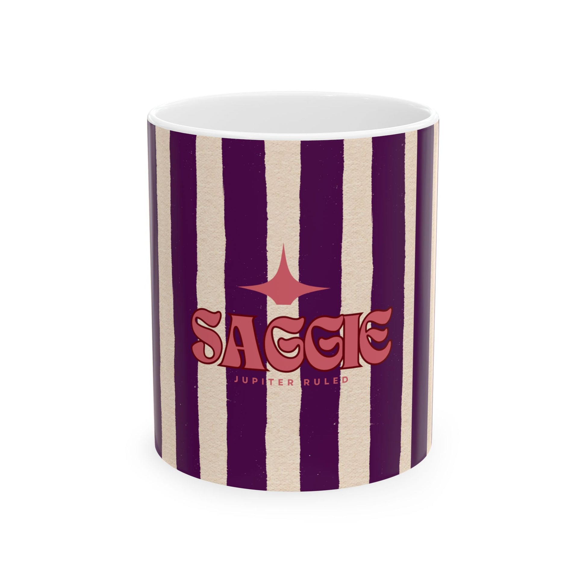 Striped mug with 'SAGGIE' branding on a white background